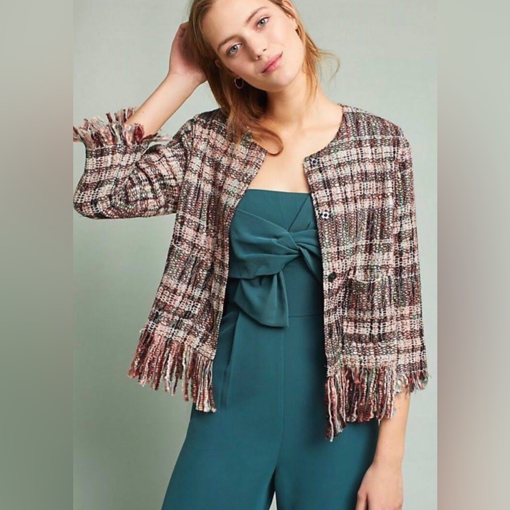 Womens M Anthropologie Tweed Fringed Academy Jacket Blazer